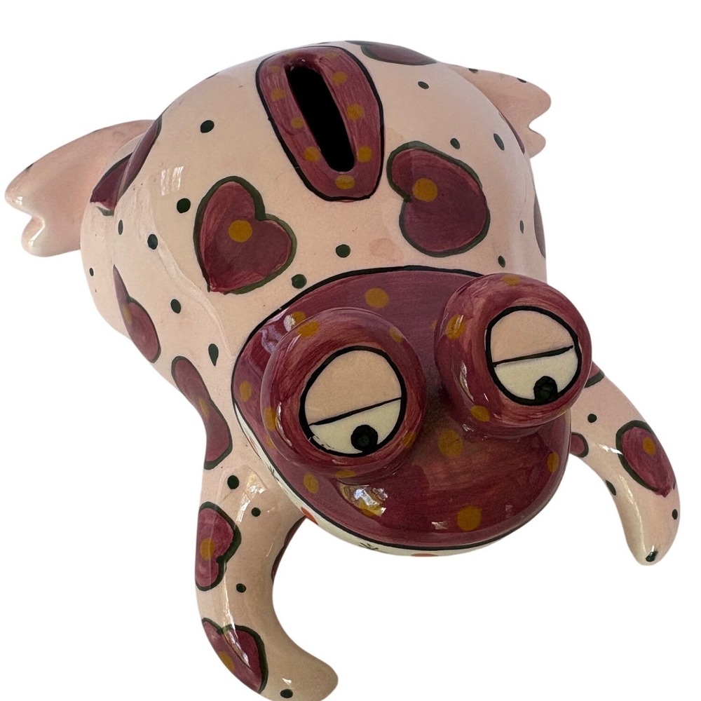 Ganz Pati Ceramic Frog Piggy Bank Pink Burgundy Heart Polka Dot Whimsical Decor